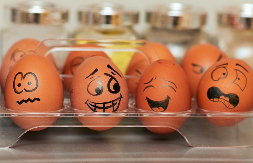 Eggs with funny faces in a carton
