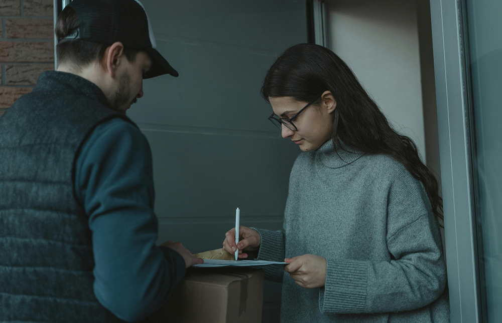 Women signing for a package 