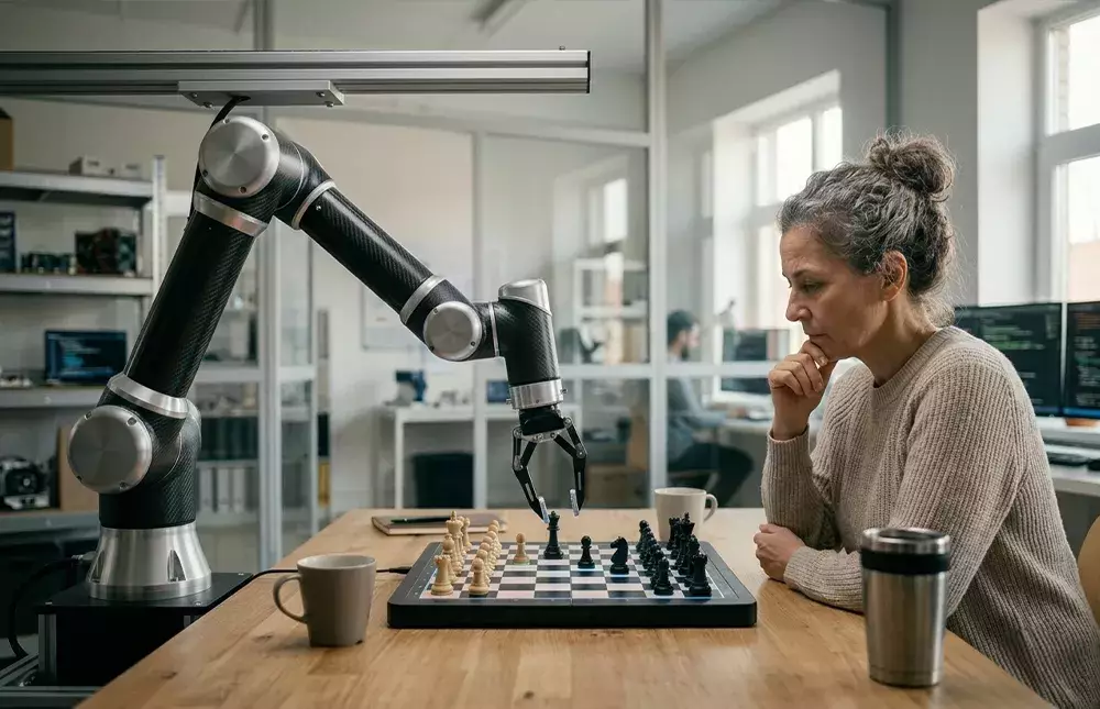 A woman thoughtfully playing a game of chess against an articulated robotic arm in a modern office.