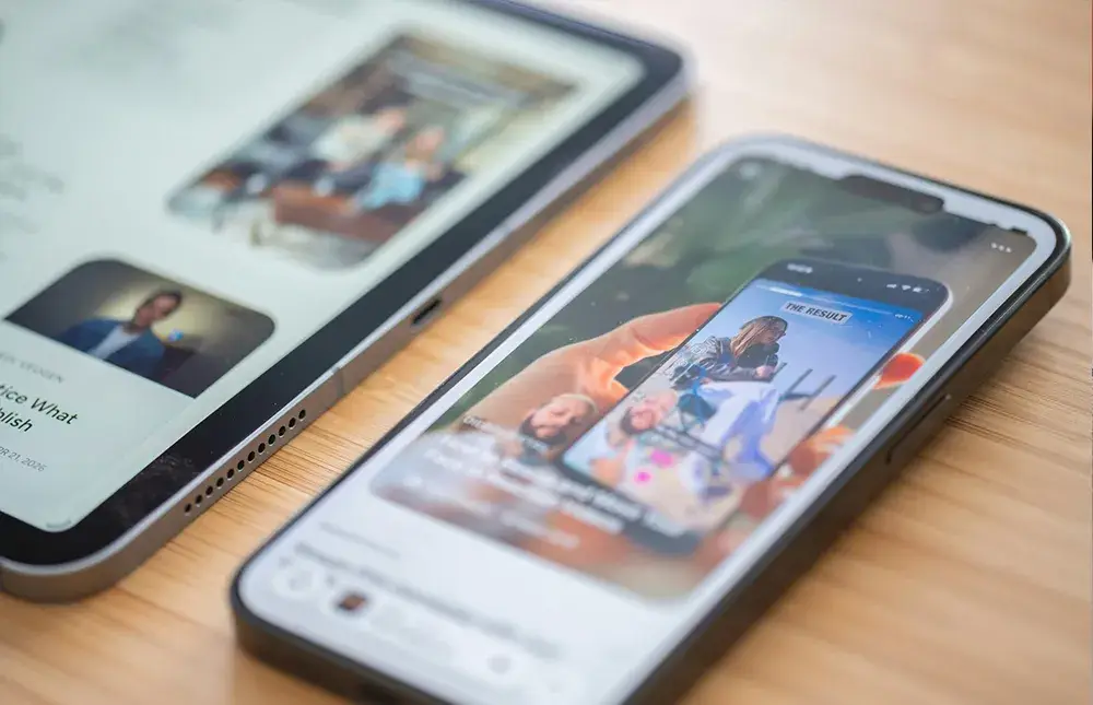Two phones lying flat on a desk with images