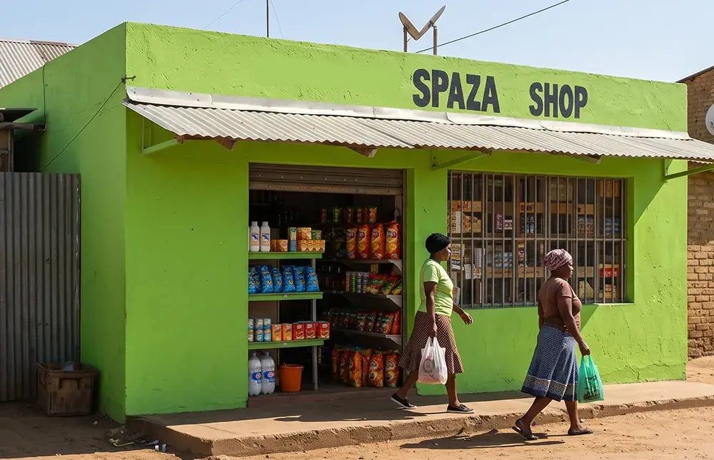 Two ladies walking out of a Spaza shop carrying plastic bags.