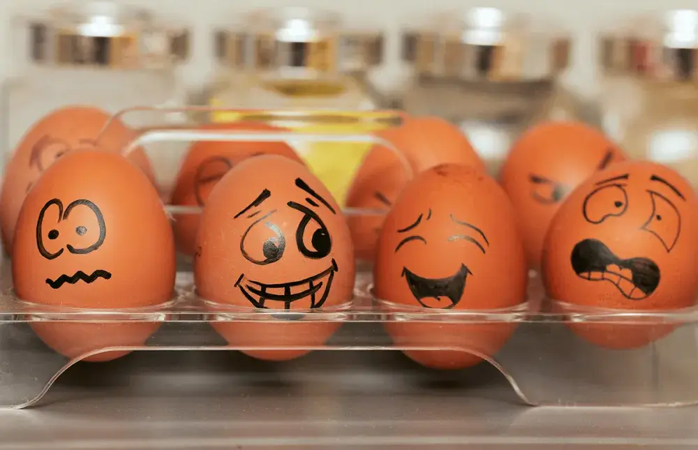 Eggs with funny faces in a carton