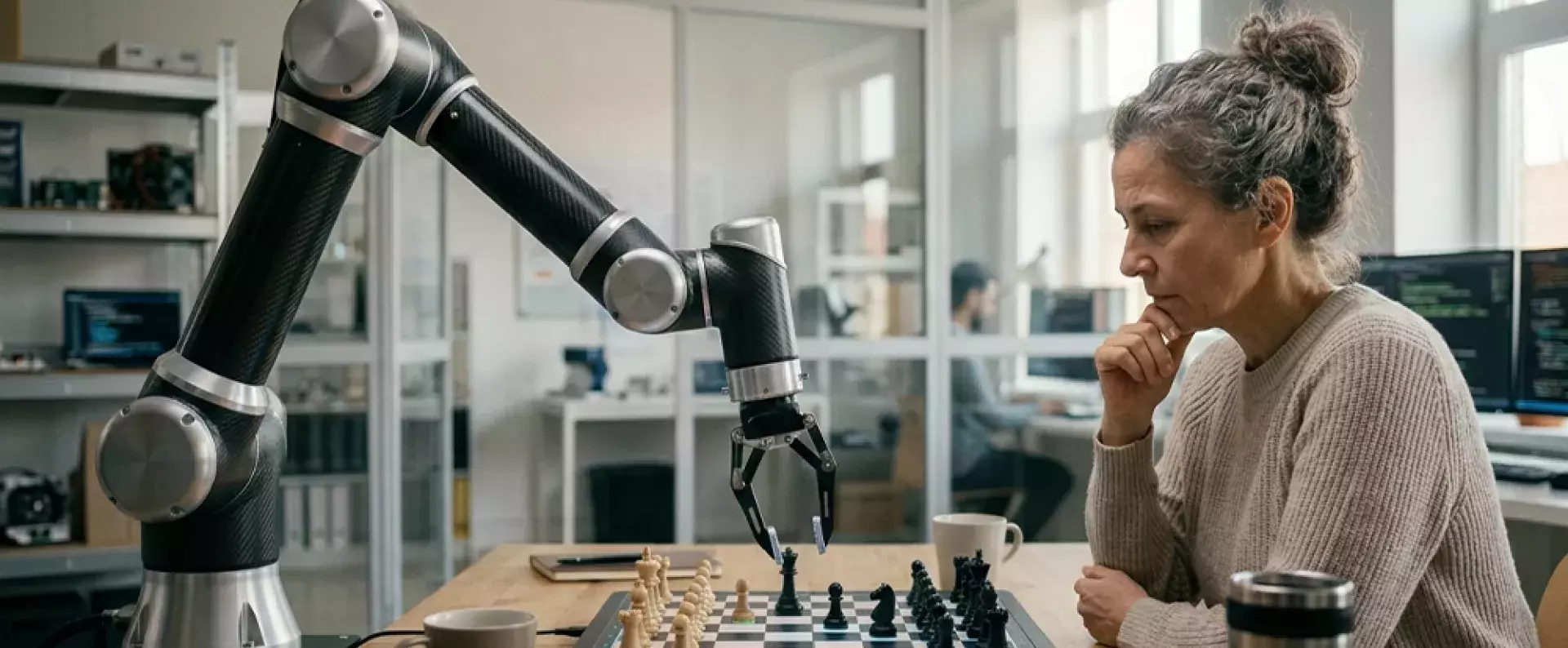 A woman thoughtfully playing a game of chess against an articulated robotic arm in a modern office.